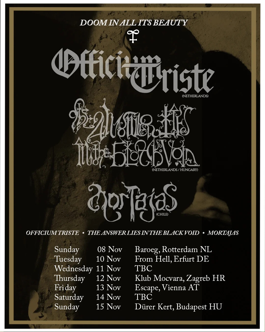 Doom/death metal koncert: Officium Triste, The Answer Lies In The Black Void, Mortajas